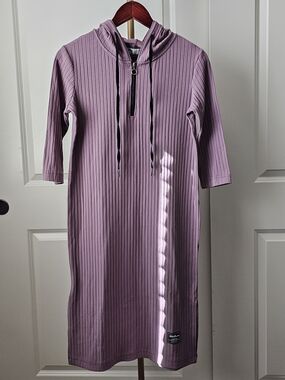 Women 3/4 Sleeve Ribbed Knit Hoodie Sweater Dress in Mauve Lightweight